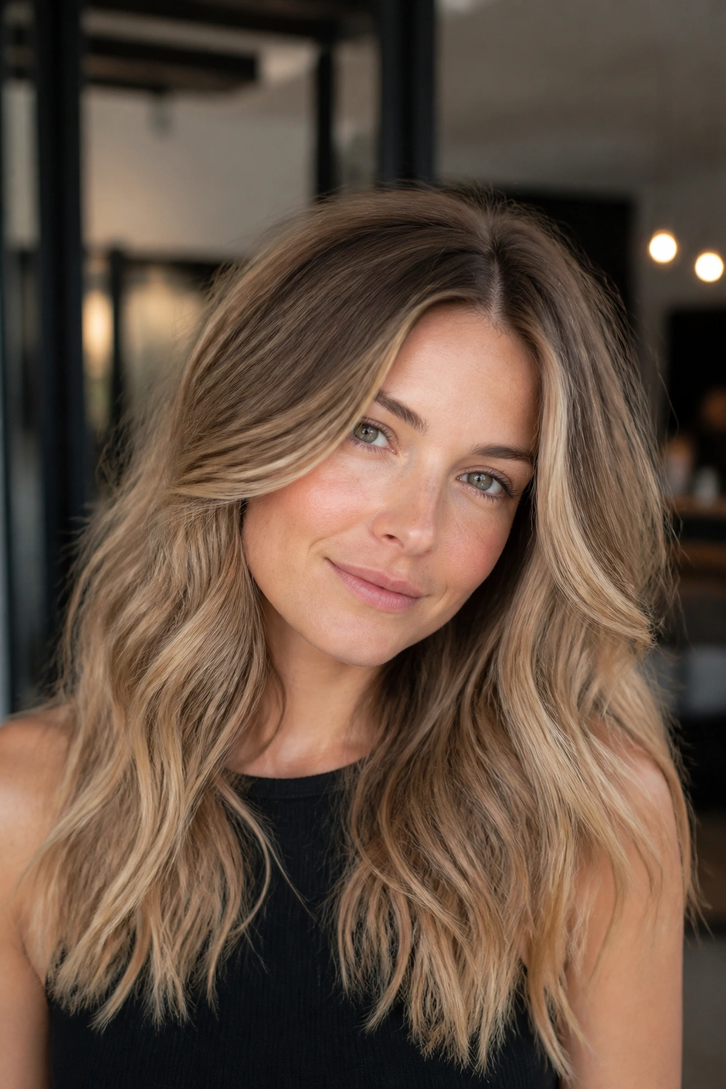 Close-up portrait of a real woman with bronde hair and beige-gray root shadow