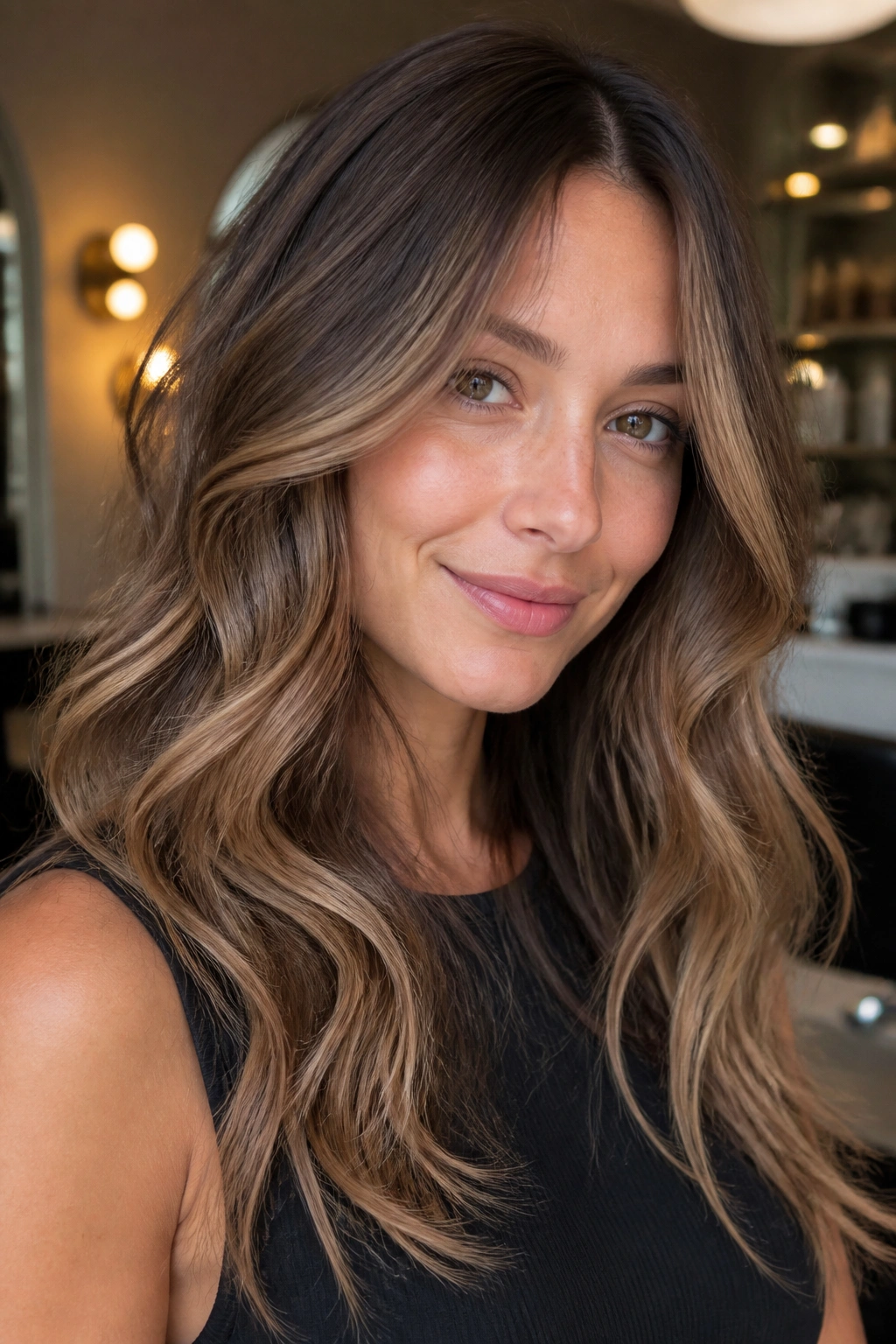 Close-up of brown caramel bronde with a soft root shadow on a real person, soft lighting