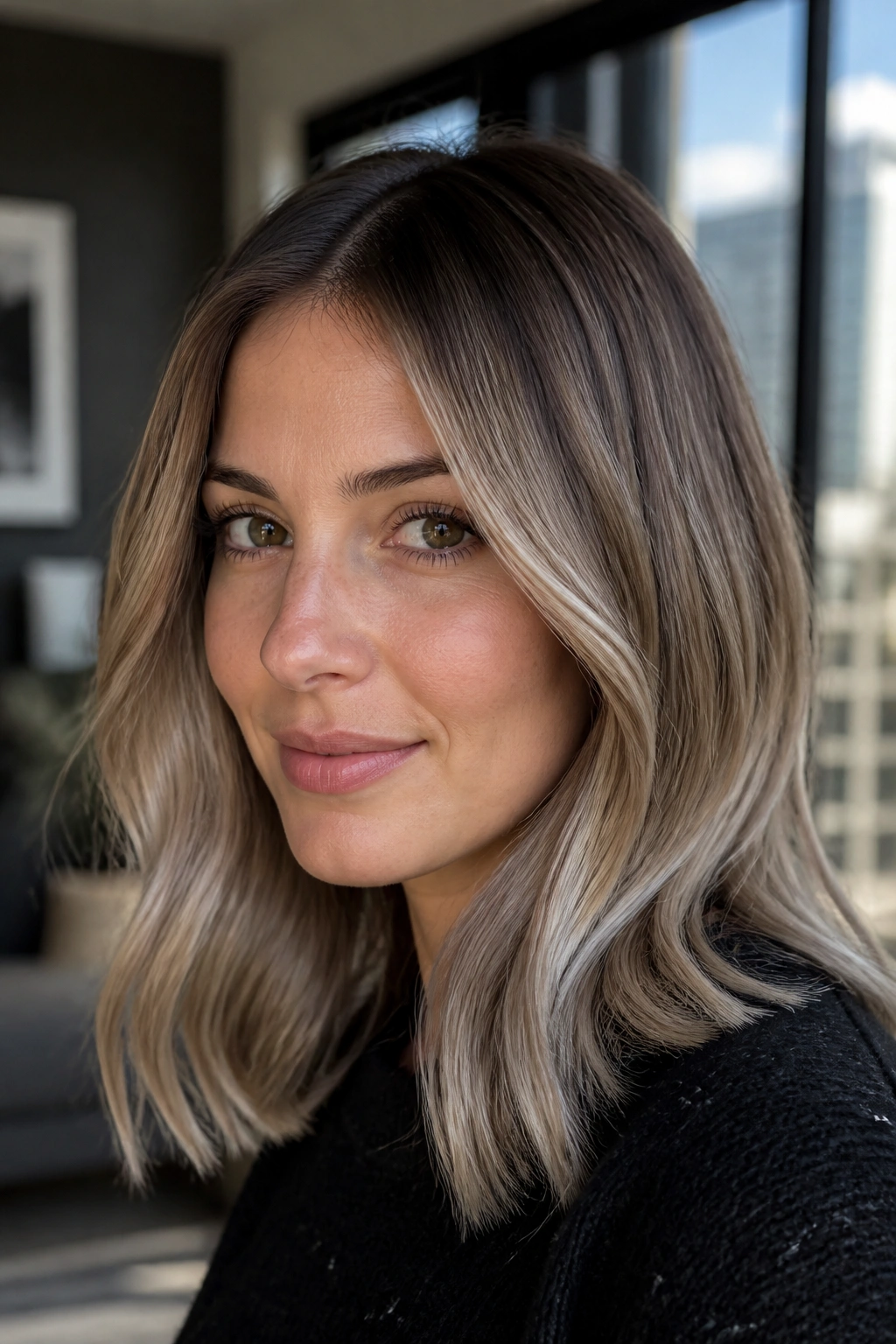Close-up of a woman with root-shadow bronde and silver sand midlengths