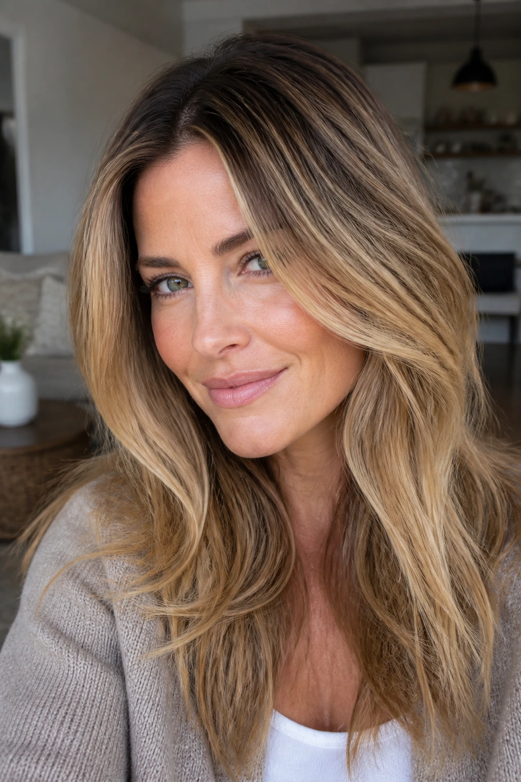 Close-up of bronde roots blending brunette and blonde on a real woman