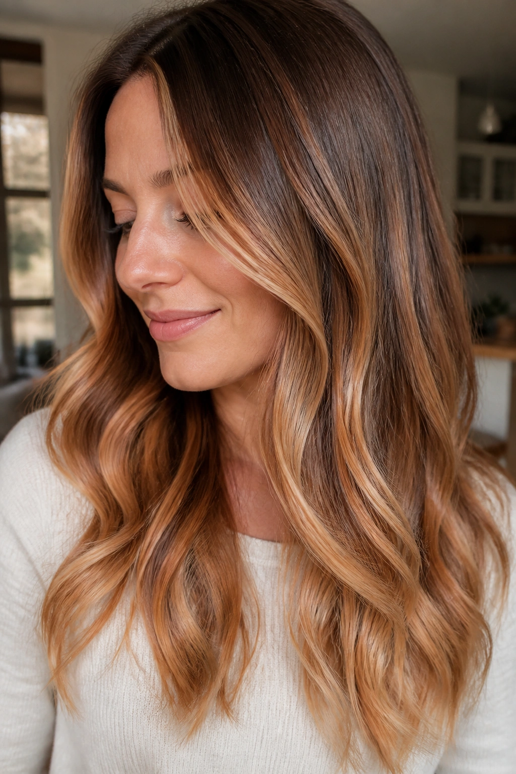 Close-up of bronde-to-strawberry transition on brown hair.