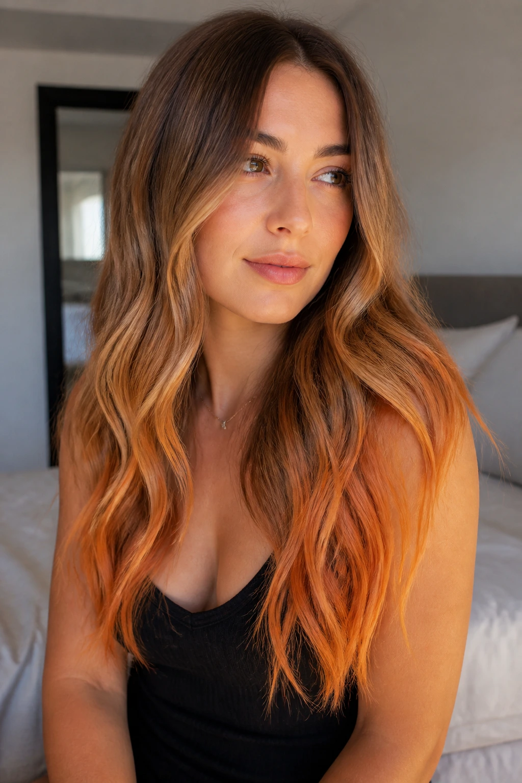 Portrait of a real woman with bronde roots and tangelo ends on long hair