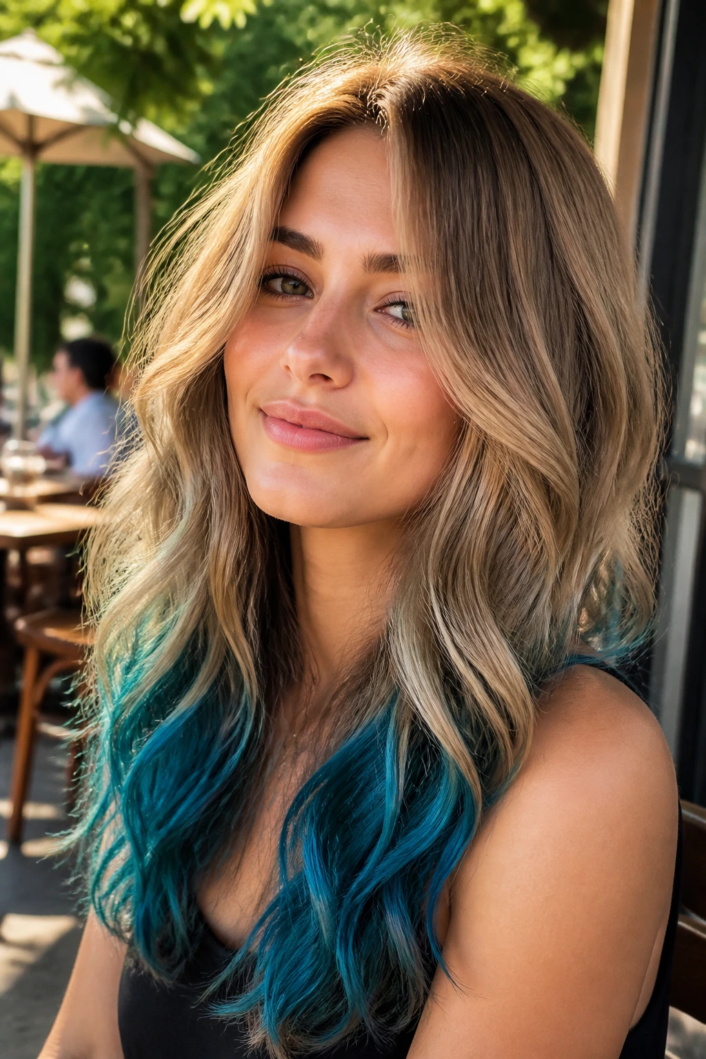 Close-up portrait of a real woman with bronde waves and teal-blue dip at ends.