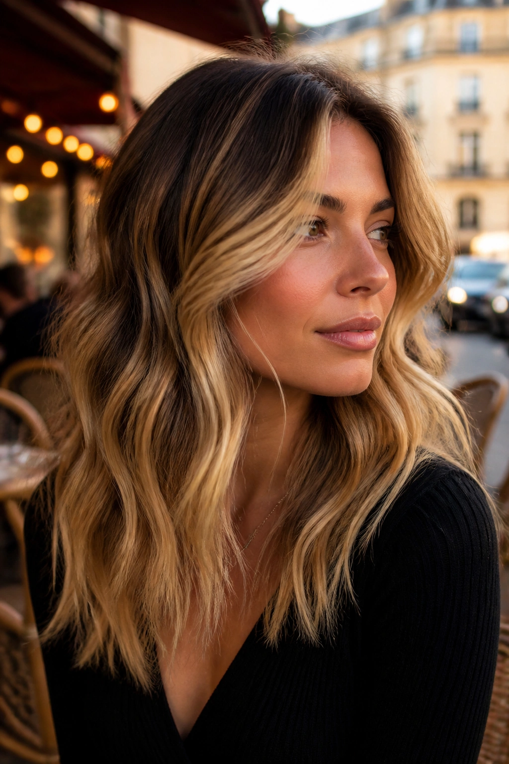 Close-up of brunette-to-blonde balayage on a real woman with wavy hair at an outdoor cafe