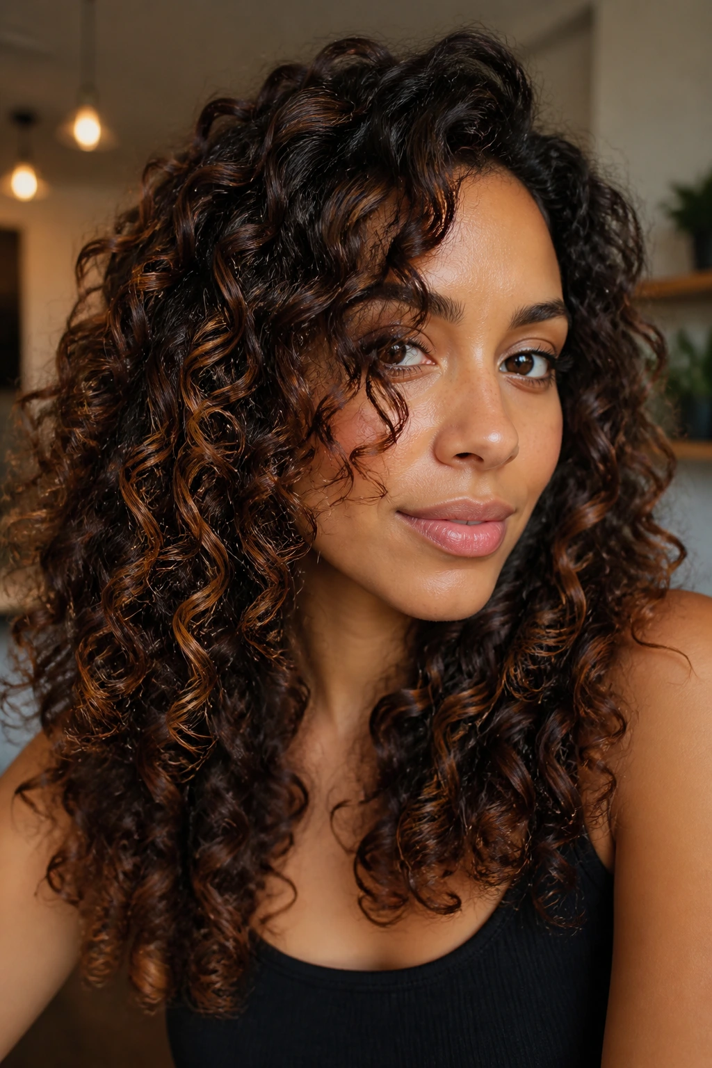 Real woman with curly brown hair showcasing bronze auburn balayage on curls.