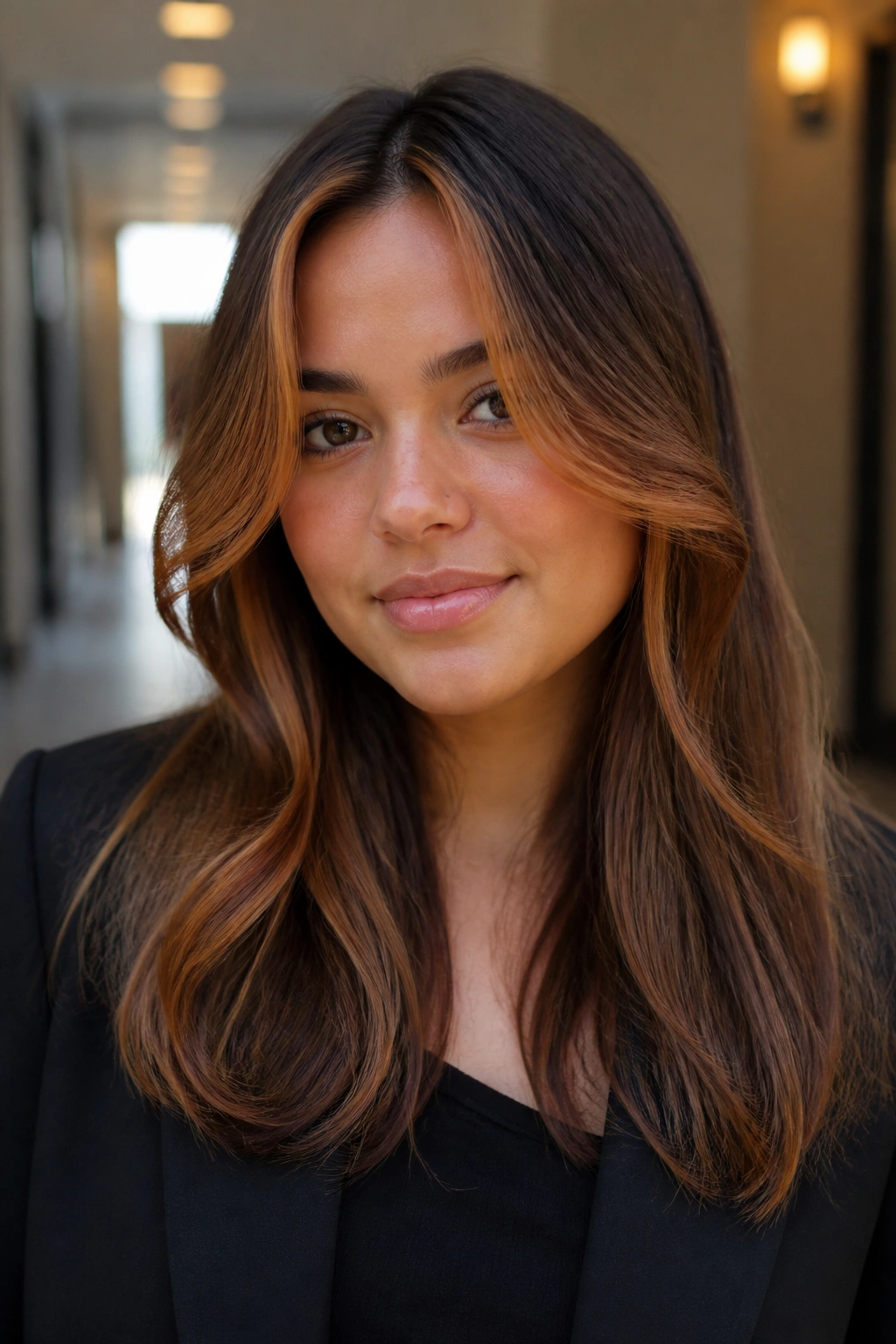 Portrait of a woman with bronze-auburn curtain pieces framing the front of medium brown hair.