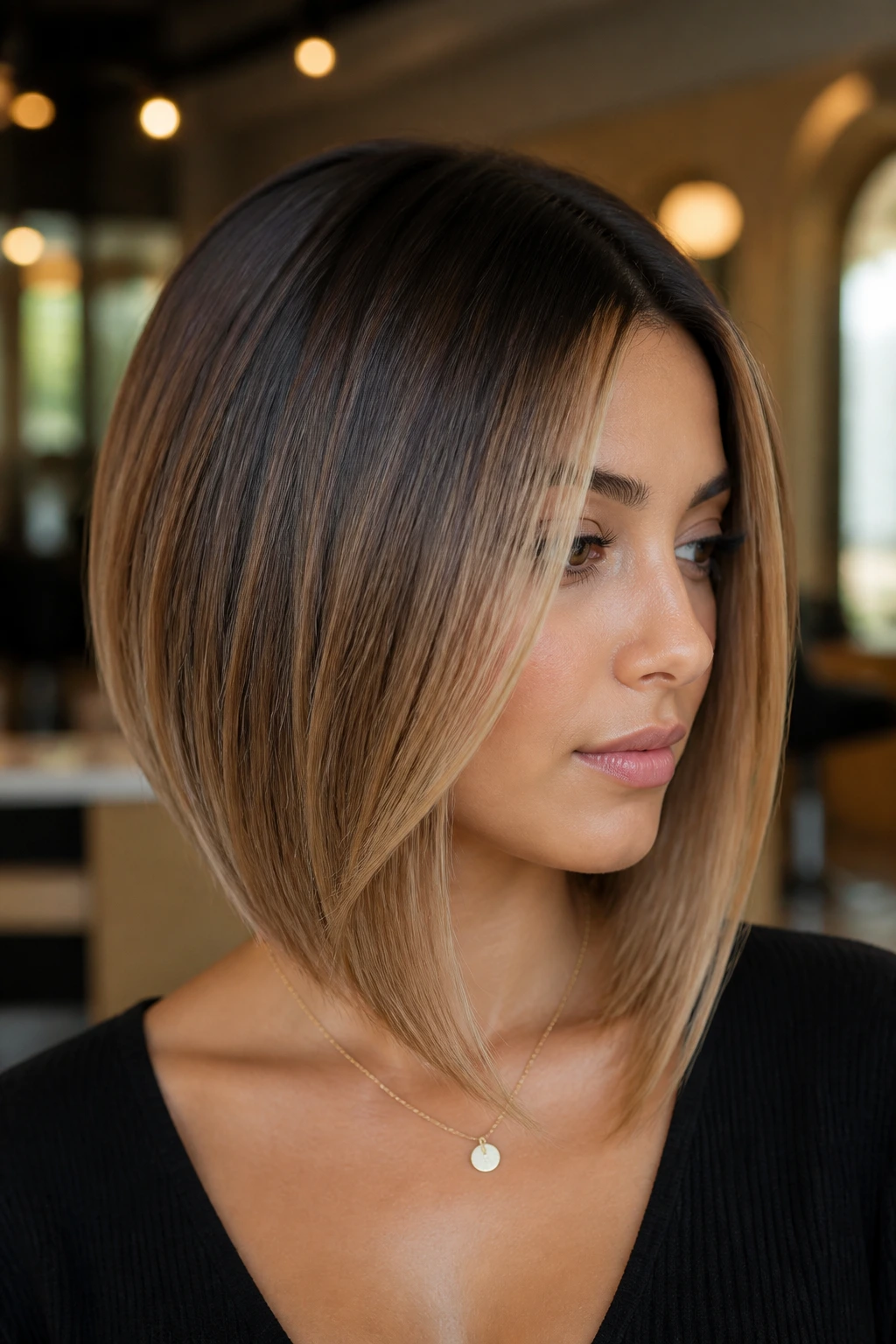 Close-up of real person with angled bob and bronze balayage.