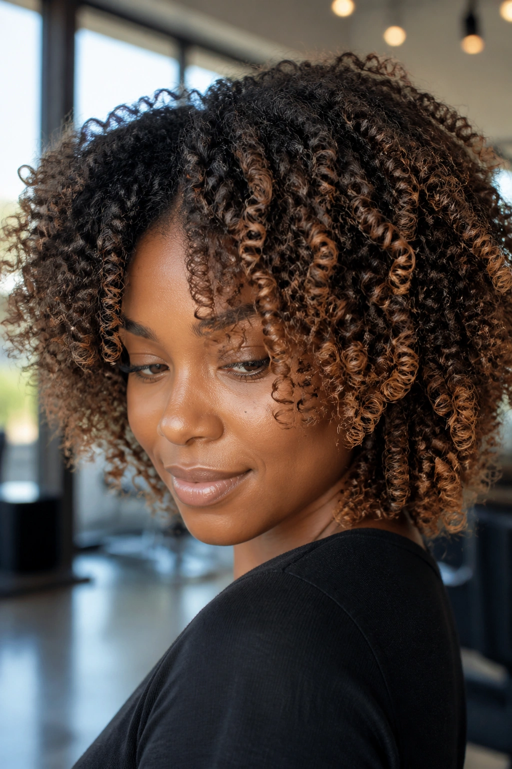 Close-up of natural curls with bronze balayage on the outer curve