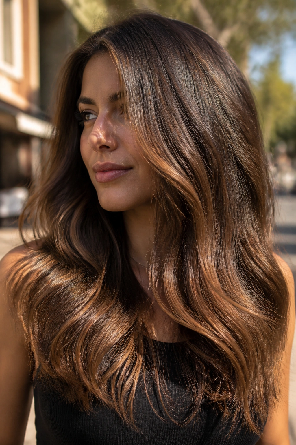 Brunette with bronze balayage in thick hair under warm sun.