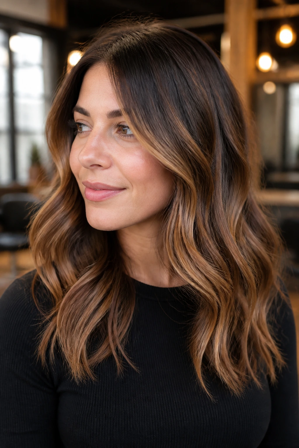 Close-up portrait of a real woman with bronze brown balayage and broken waves