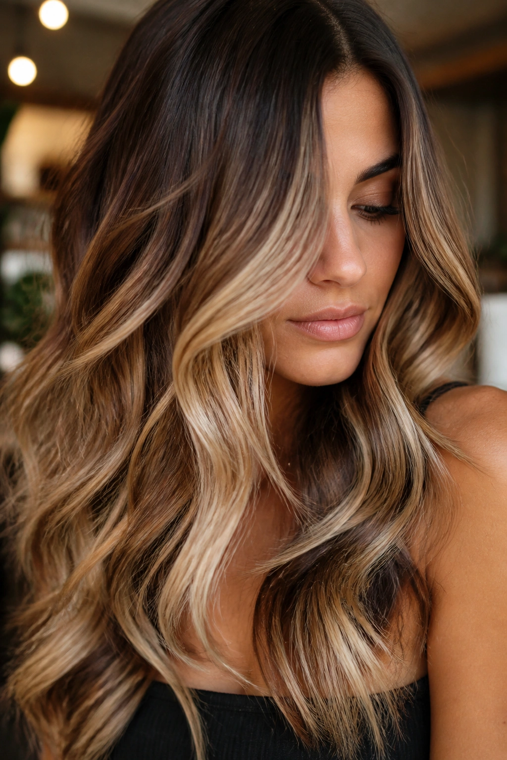 Real woman with bronze-to-blonde contrast pieces in brown hair.
