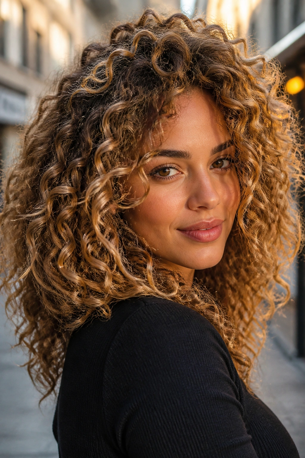 Close-up of a real woman with bronze-blonde curls and rich texture