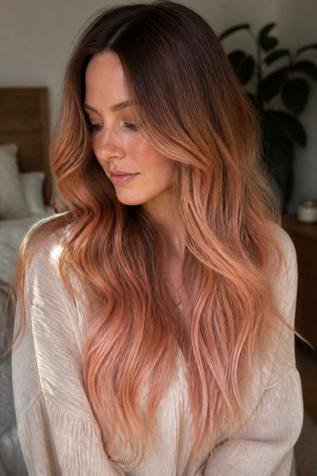 Close-up of a real woman's long hair with a bronze-to-blush gradient and deep root in a softly lit bedroom.