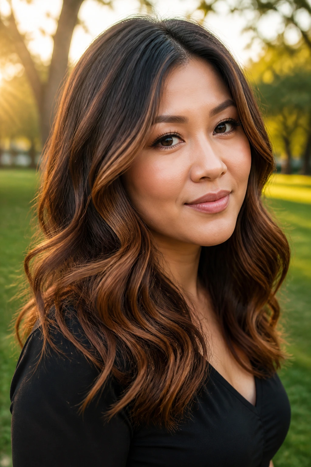 Portrait of a real woman with bronze-brown balayage and loose curls