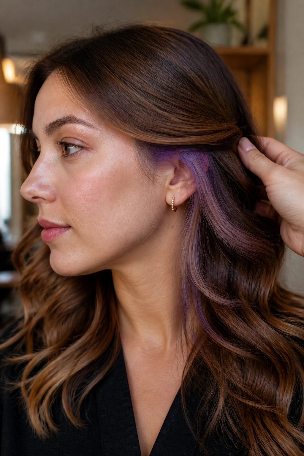 Profile view of bronze brown hair with hidden lilac peekaboo near the nape