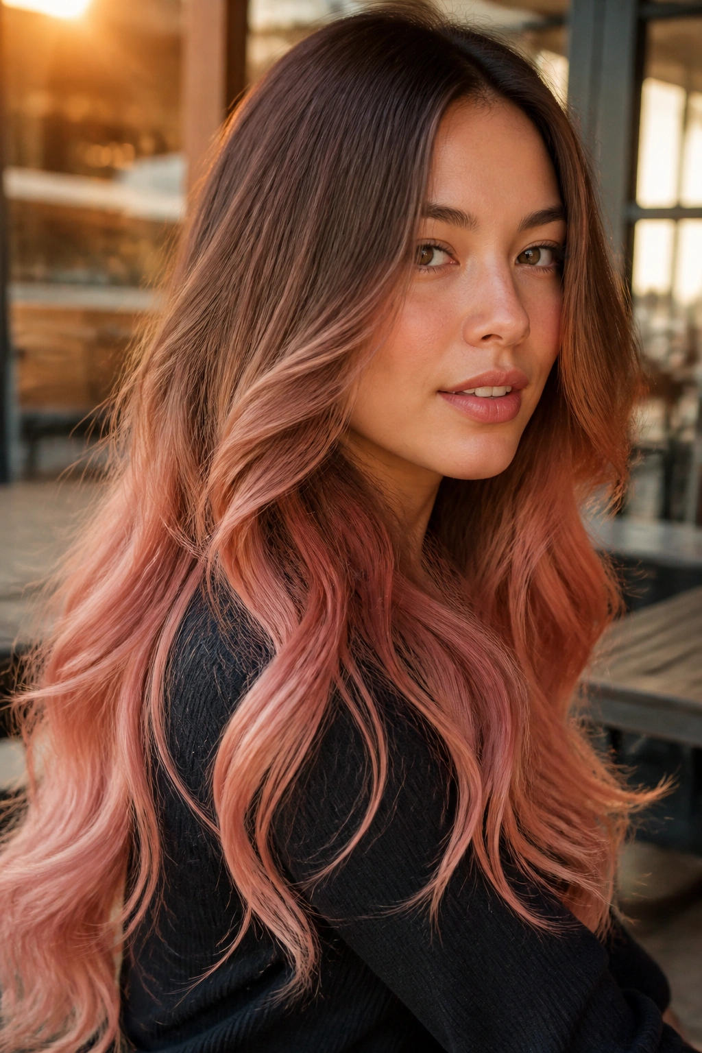 Close-up portrait of bronze-brown to peach-pink gradient on long hair with loose waves.