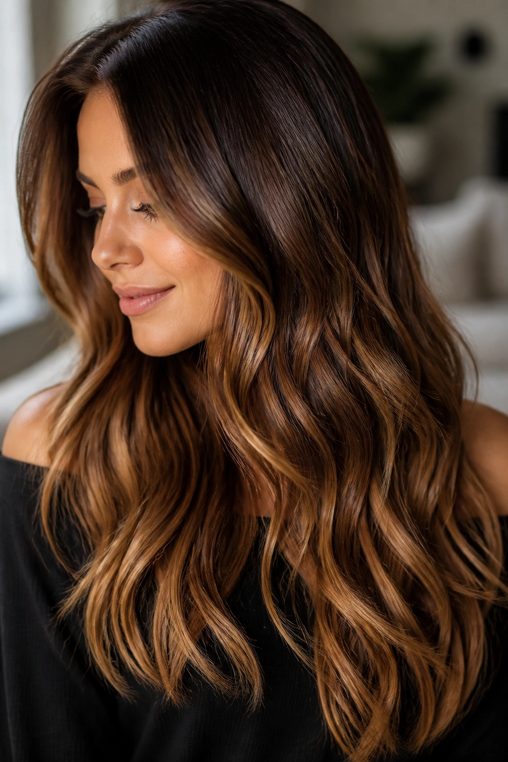 Close-up of a real woman with bronze-brown ombre catching light