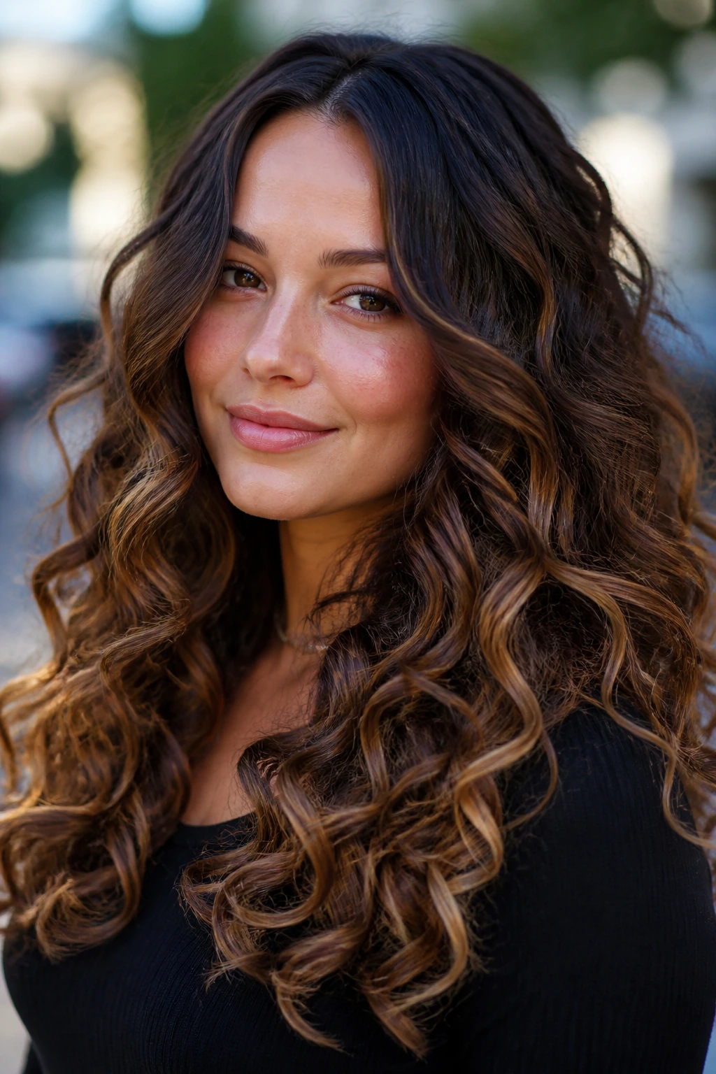 Real woman with bronze balayage on long curls in natural daylight