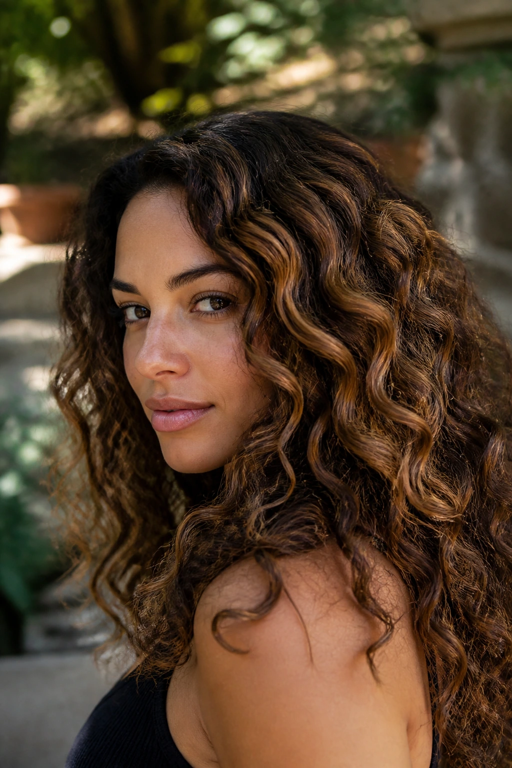 Close-up of a real woman with bronze brunette balayage on curly hair.