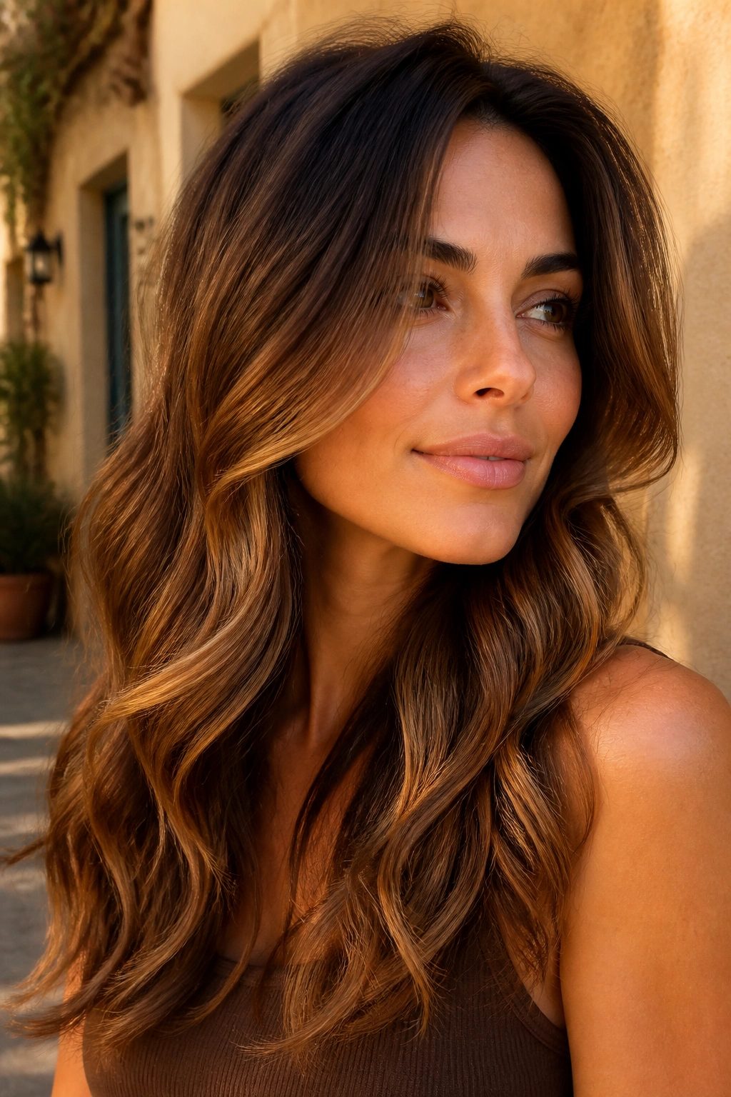 Portrait of a woman with bronze balayage on brown hair in sunset light