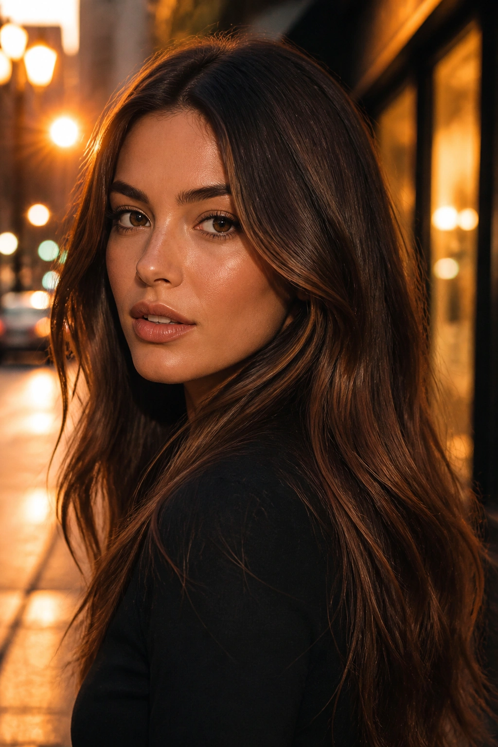 Close-up of a real woman with bronze brunette hair and metallic sheen