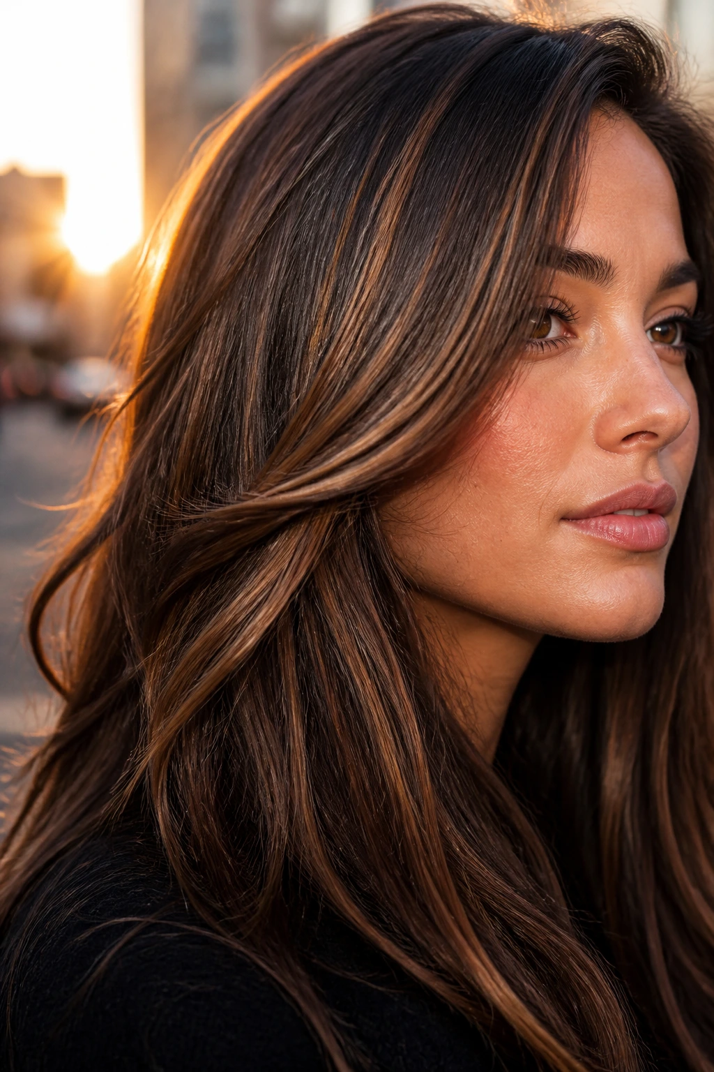 Brunette hair with bronze ribbons woven through the mids catching golden hour light.