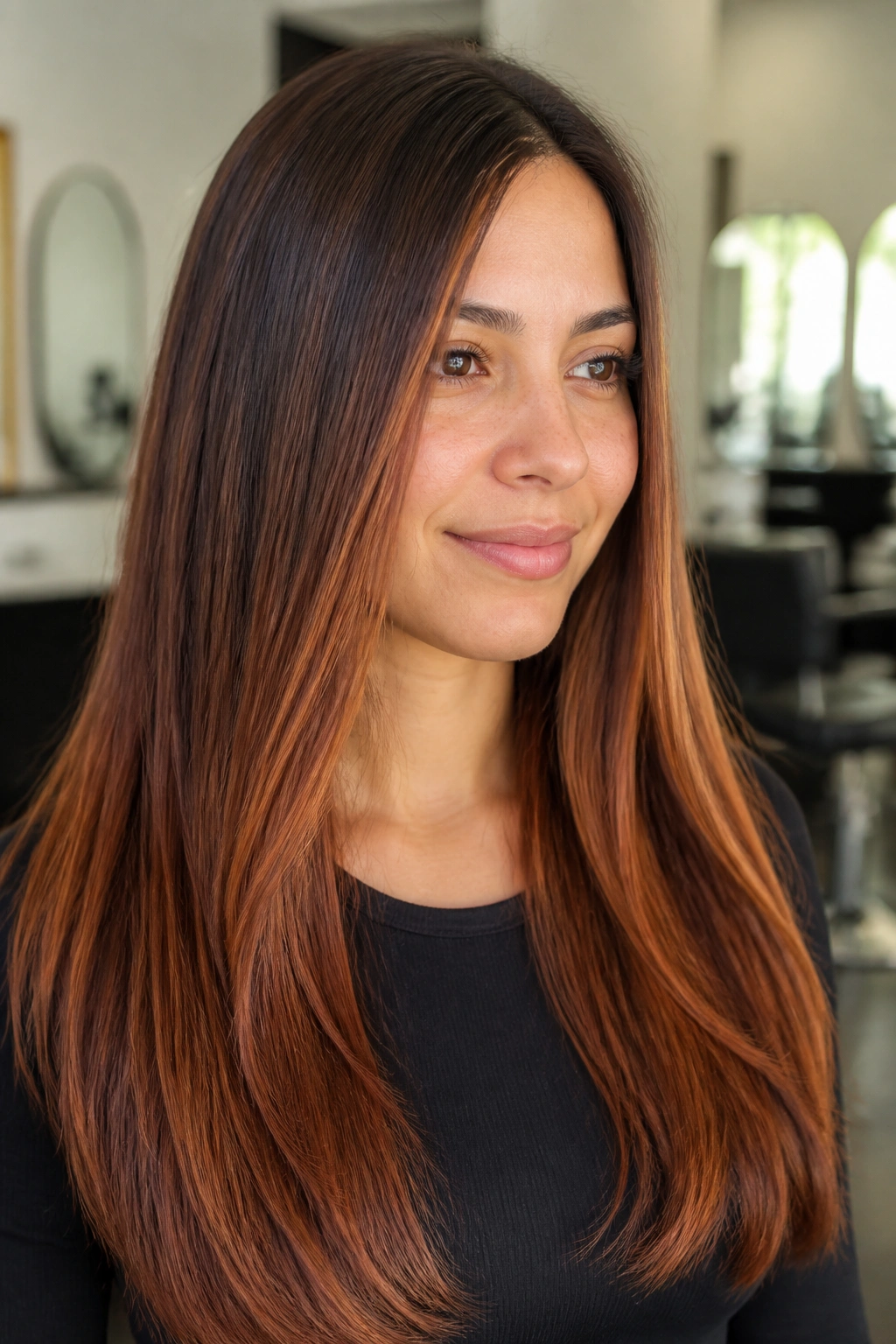 Real woman with straight brown hair and bronze copper balayage in a modern salon.