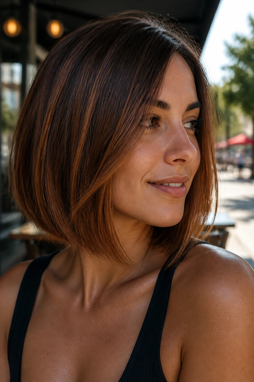 Close-up of a real woman with bronze copper balayage on a blunt bob.