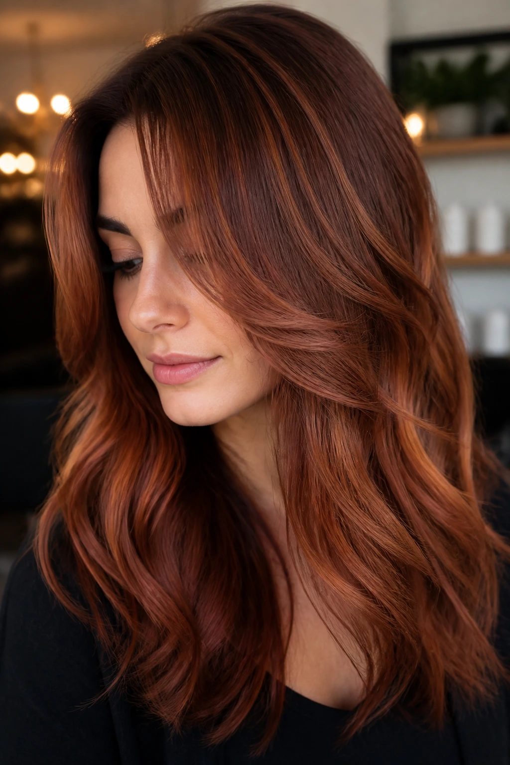 Real person with bronze copper layered hair in warm lighting.
