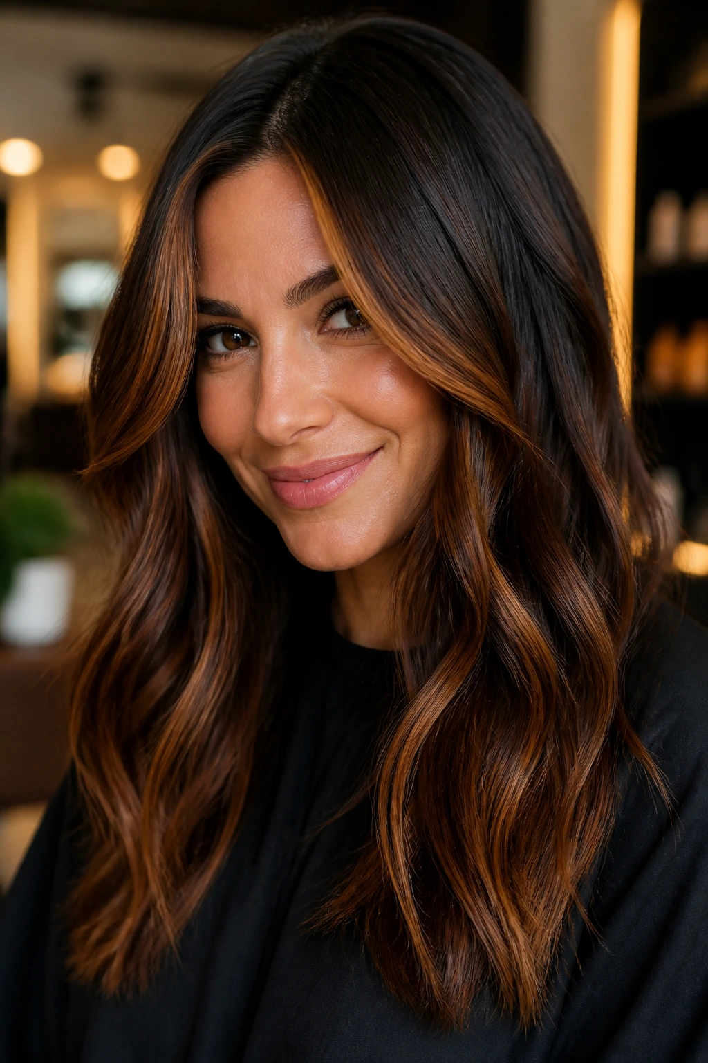 Close-up of deep brown hair with bronze and copper panels