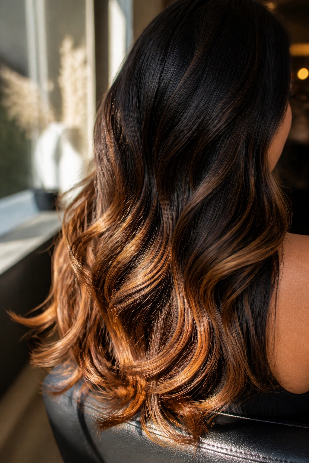Close-up of long brunette hair with bronze ends