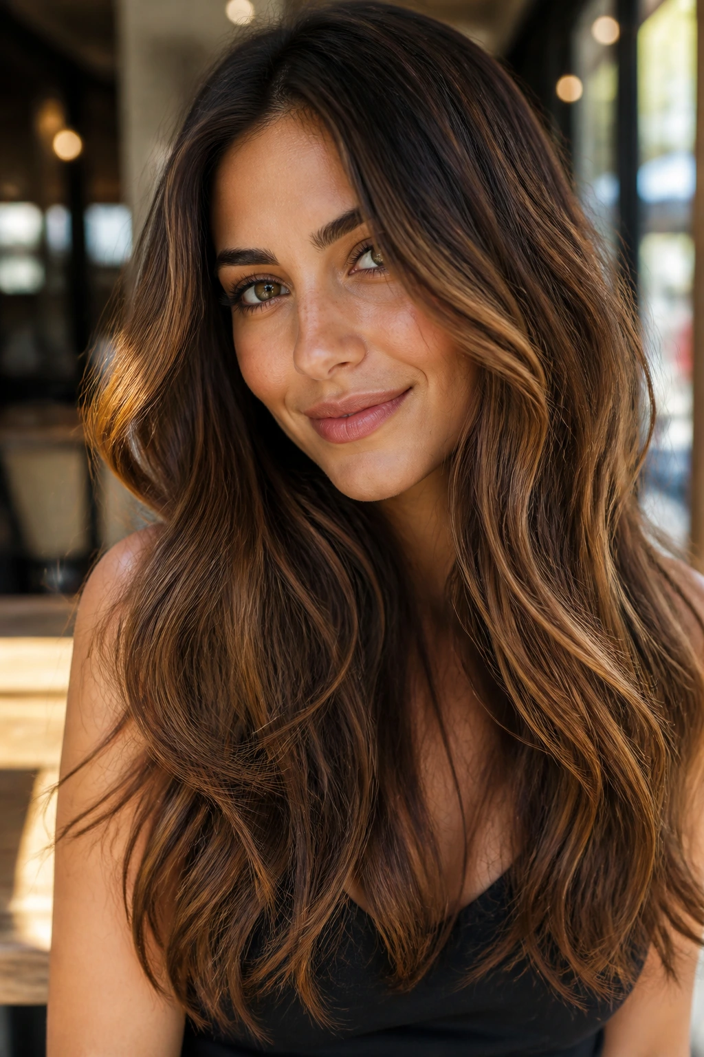 Portrait of olive-undertone brunette with bronze-forward bronde
