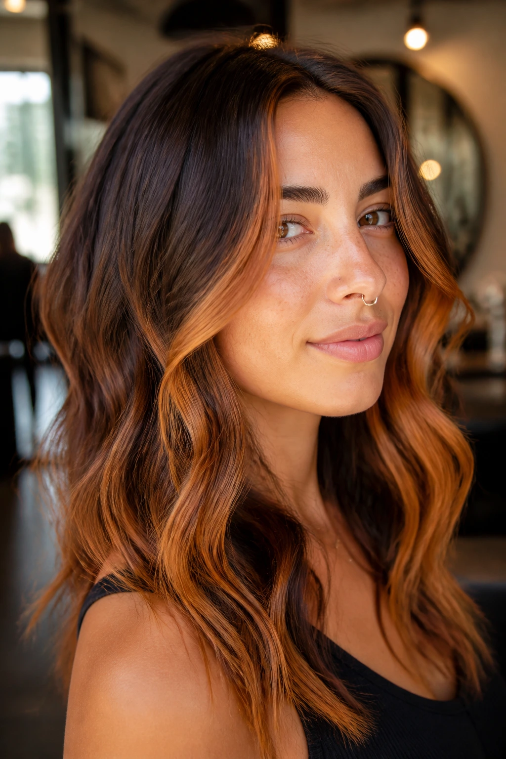 Close-up portrait of a real person with bronze-ginger face-framing pieces and brighter ends in warm salon light