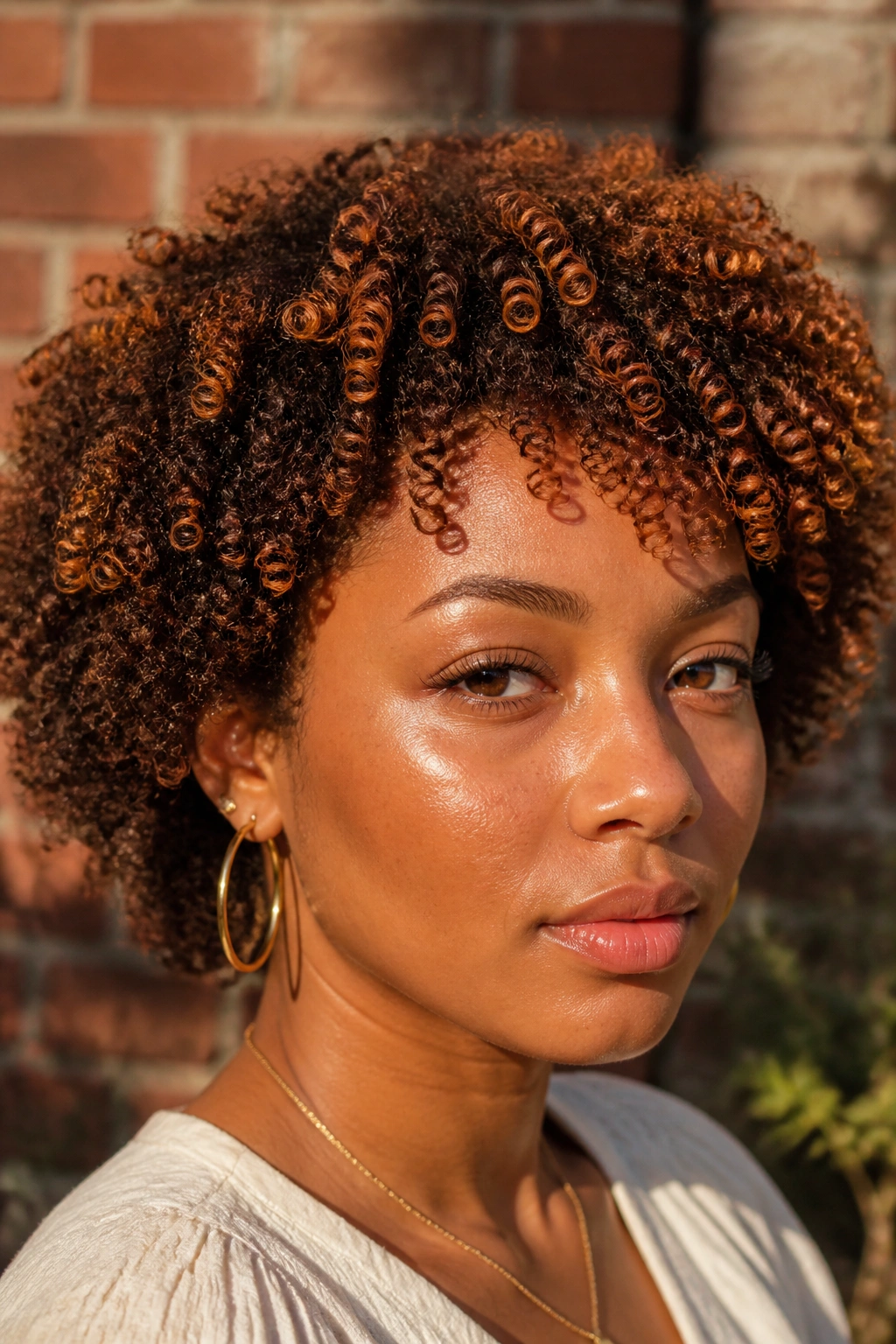 Close-up of tight braided coils with bronze base and ginger accents.