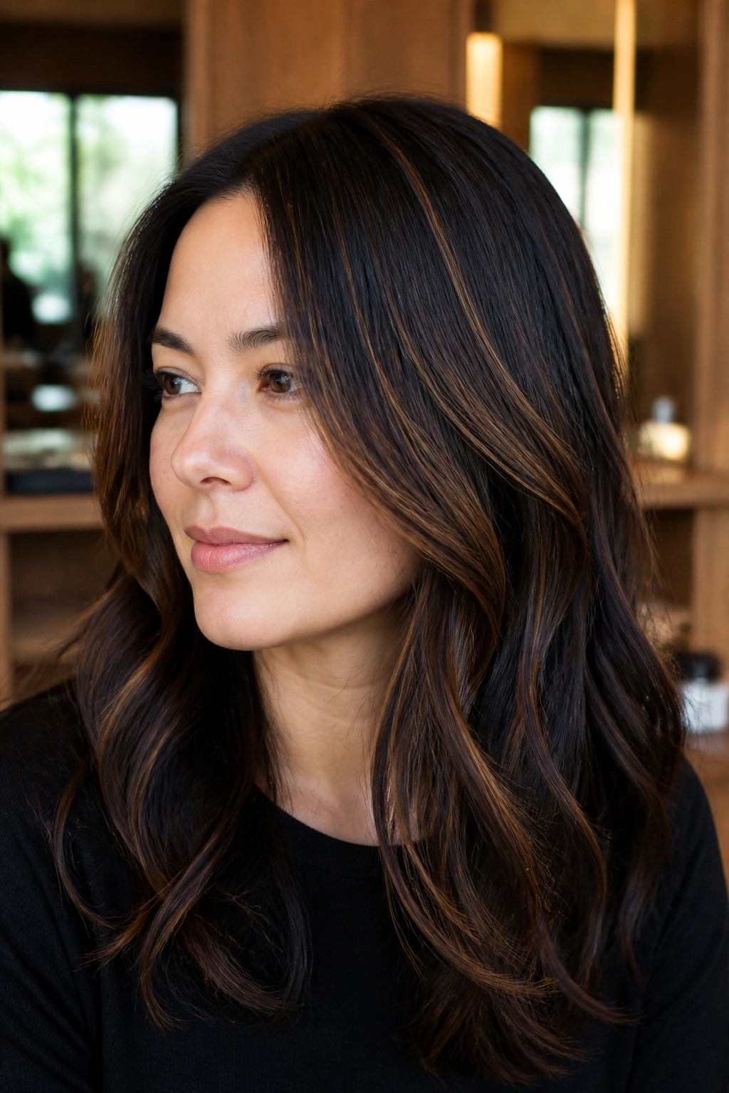 Close-up portrait of a woman with bronze brown highlights on dark brunette hair