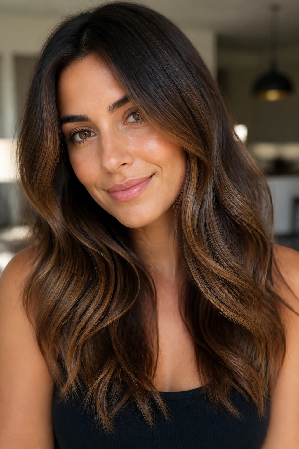 Close-up of brunette with bronze lowlights through mid-lengths and ends