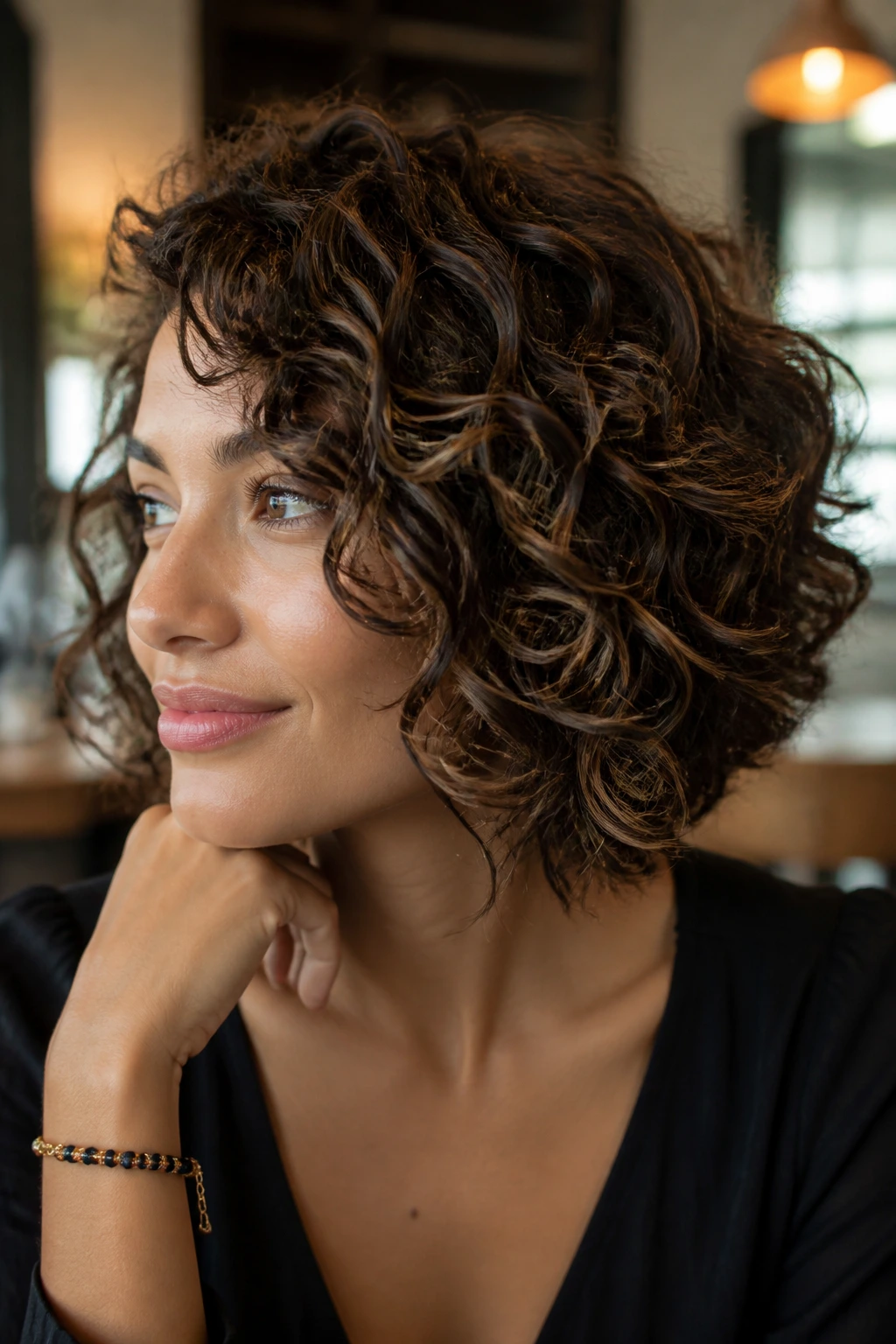 Real person with tiny bronze highlights enhancing brunette curls in a cafe setting