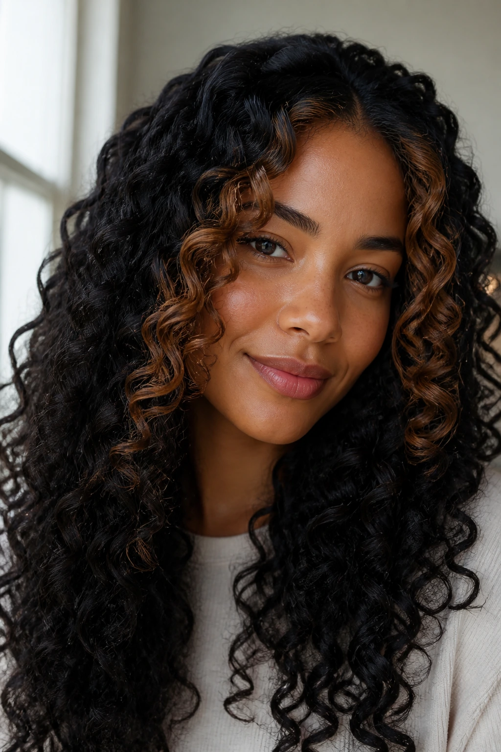 Close-up of a real woman with bronze money pieces on deep black curls under bright daylight