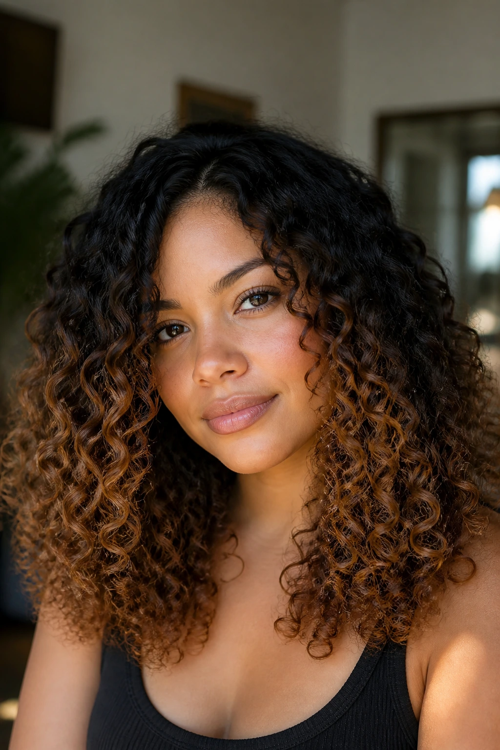 Portrait of a real woman with bronze-dipped curls on black base.