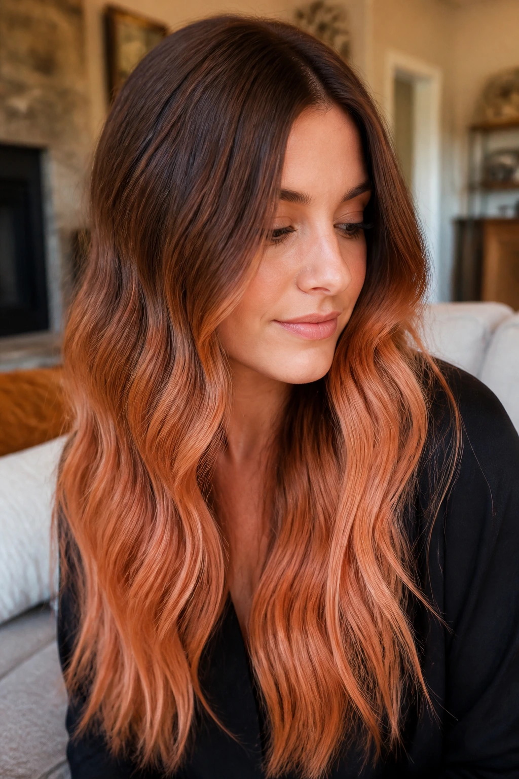 Close-up of bronze-to-peach ginger ombre on long hair