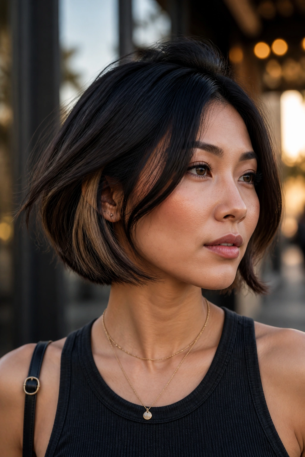 Woman with bronze peekaboo panels under a bob color