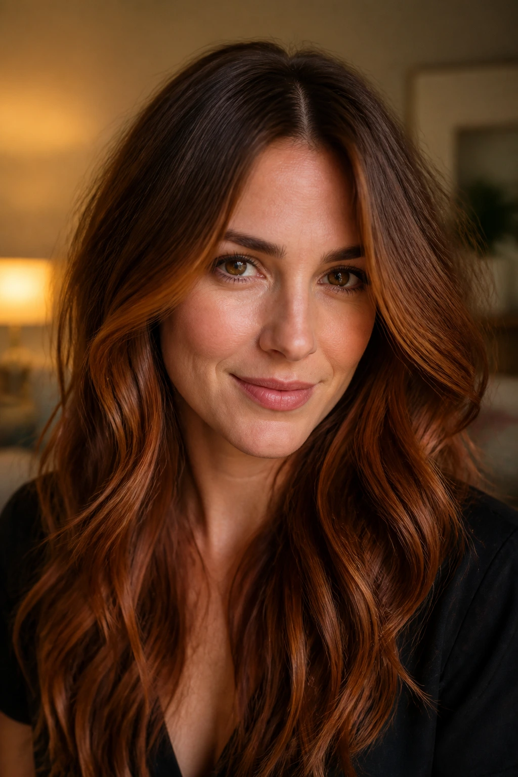 Close-up of caramel brown hair with bronze-red dimension