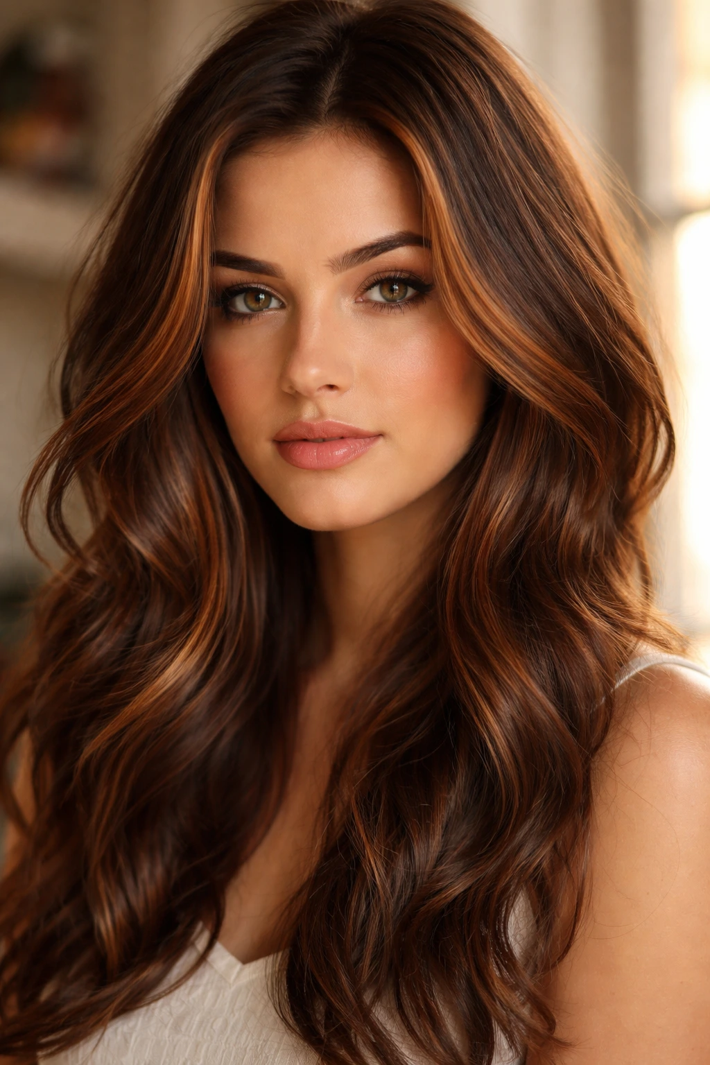 Close-up of a real woman with bronze-auburn face-framing hair catching sunlight
