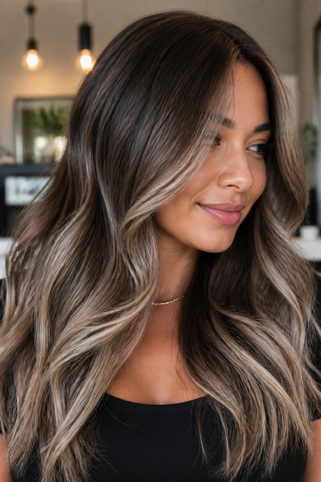 Close-up portrait of a real woman with bronzed brown balayage and wide ash panels.