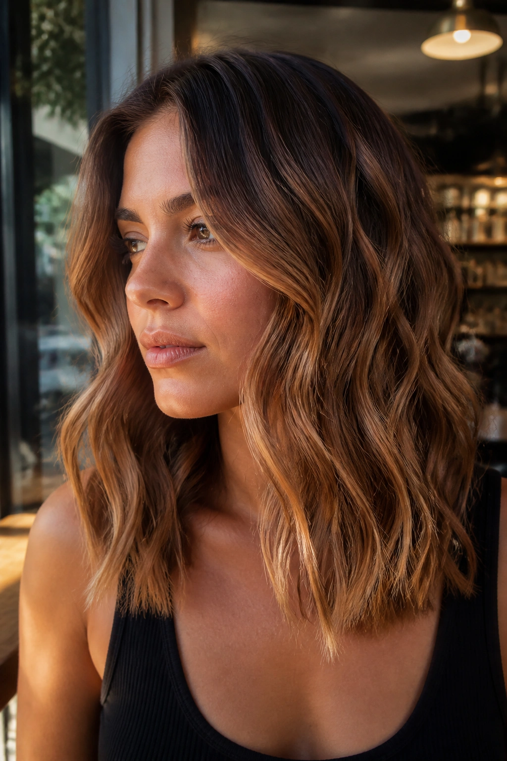 Close-up portrait of a real woman with bronzed brown hair and sunkissed midlengths