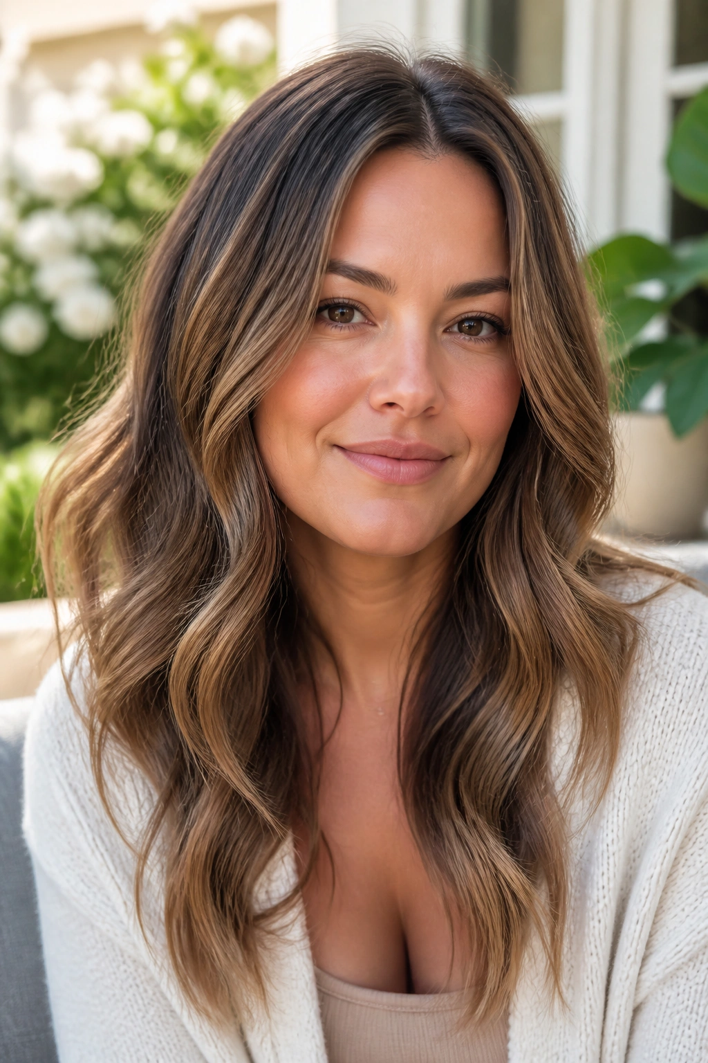 Woman with bronzed brown hair and face-softening waves.