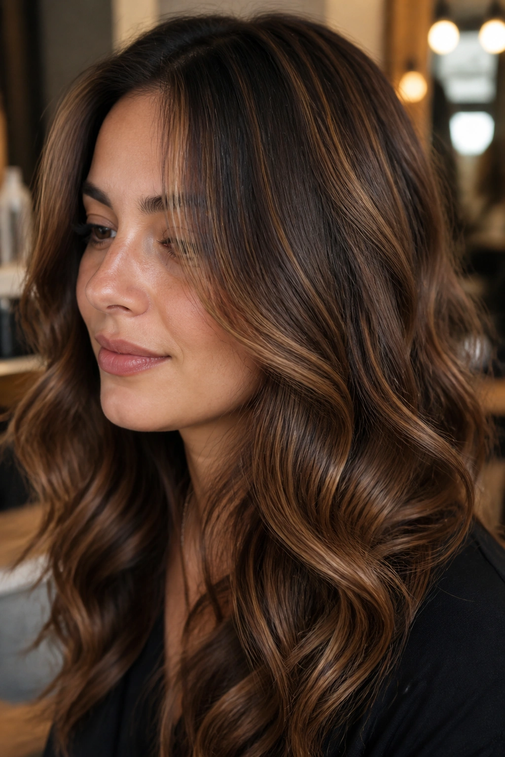 Close-up portrait of a real woman with bronzed caramel highlights on warm brunette hair