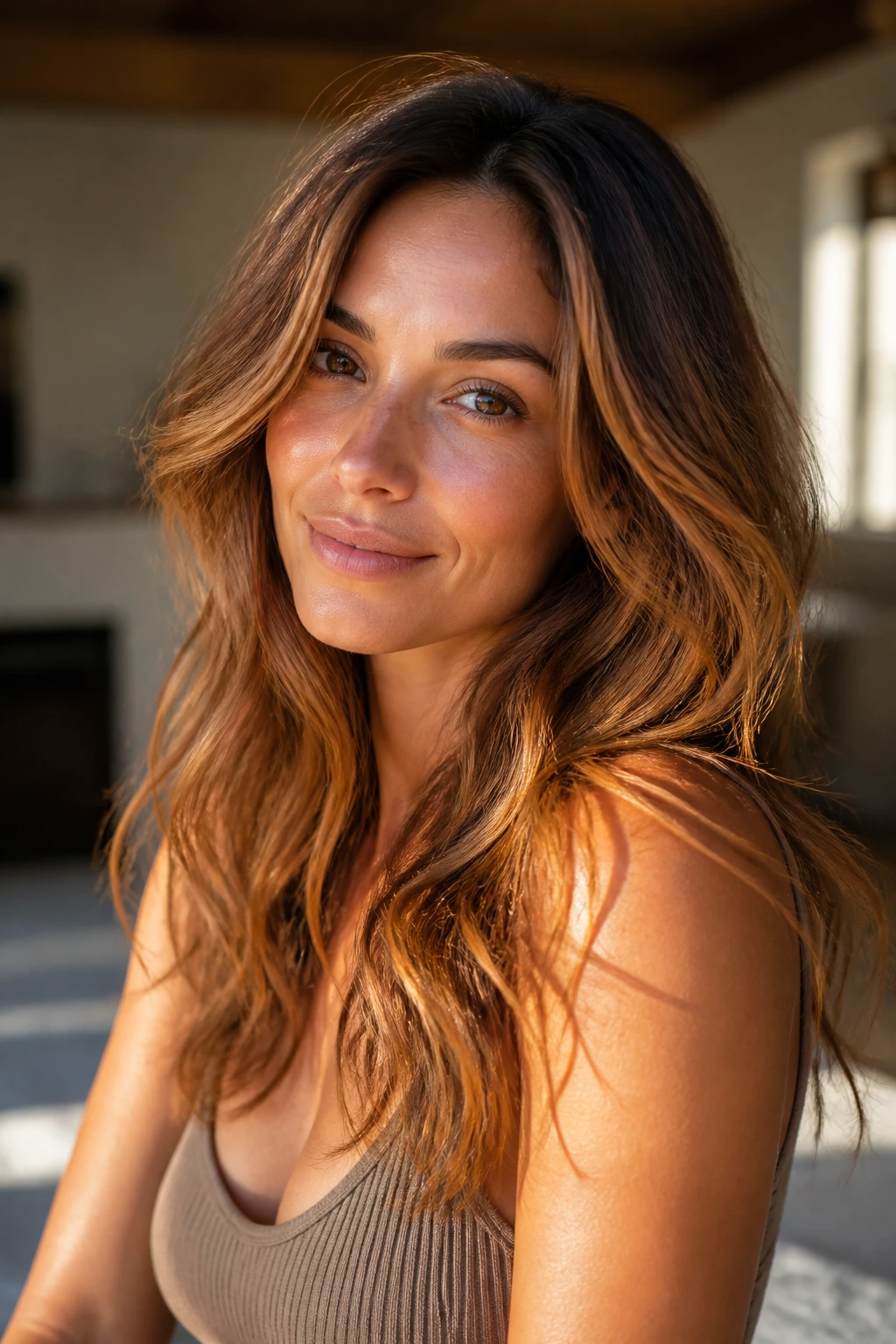 Bronzed copper balayage on light brown hair with sunlit glow