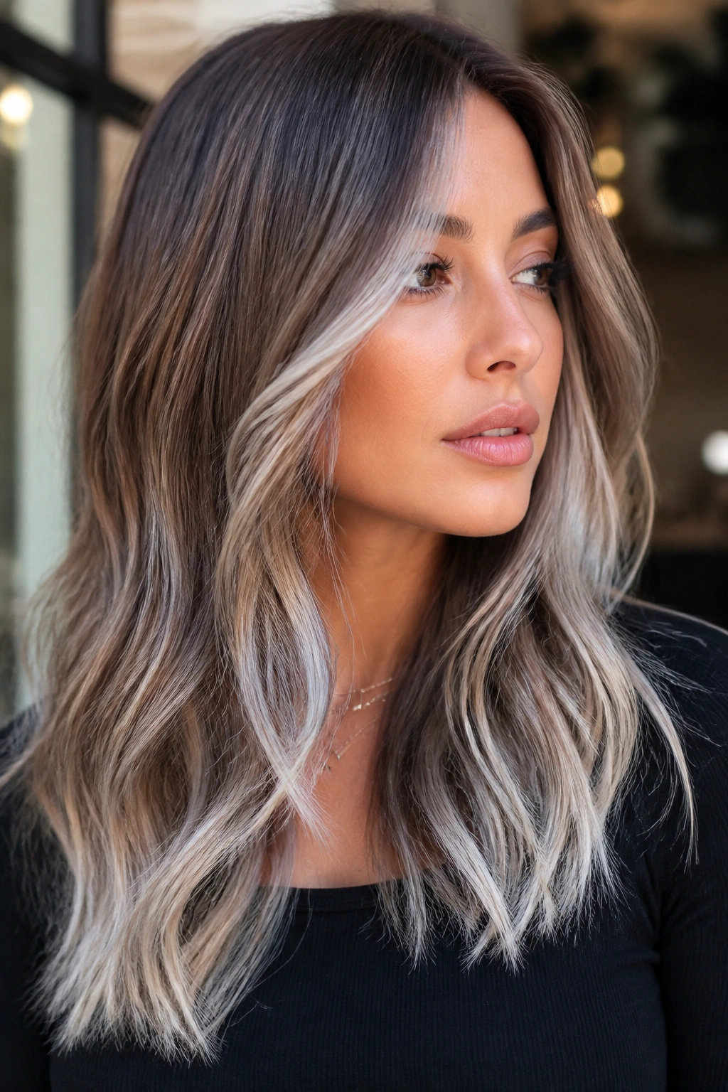 Close-up of brown hair with bronzed lowlights under silver ends.