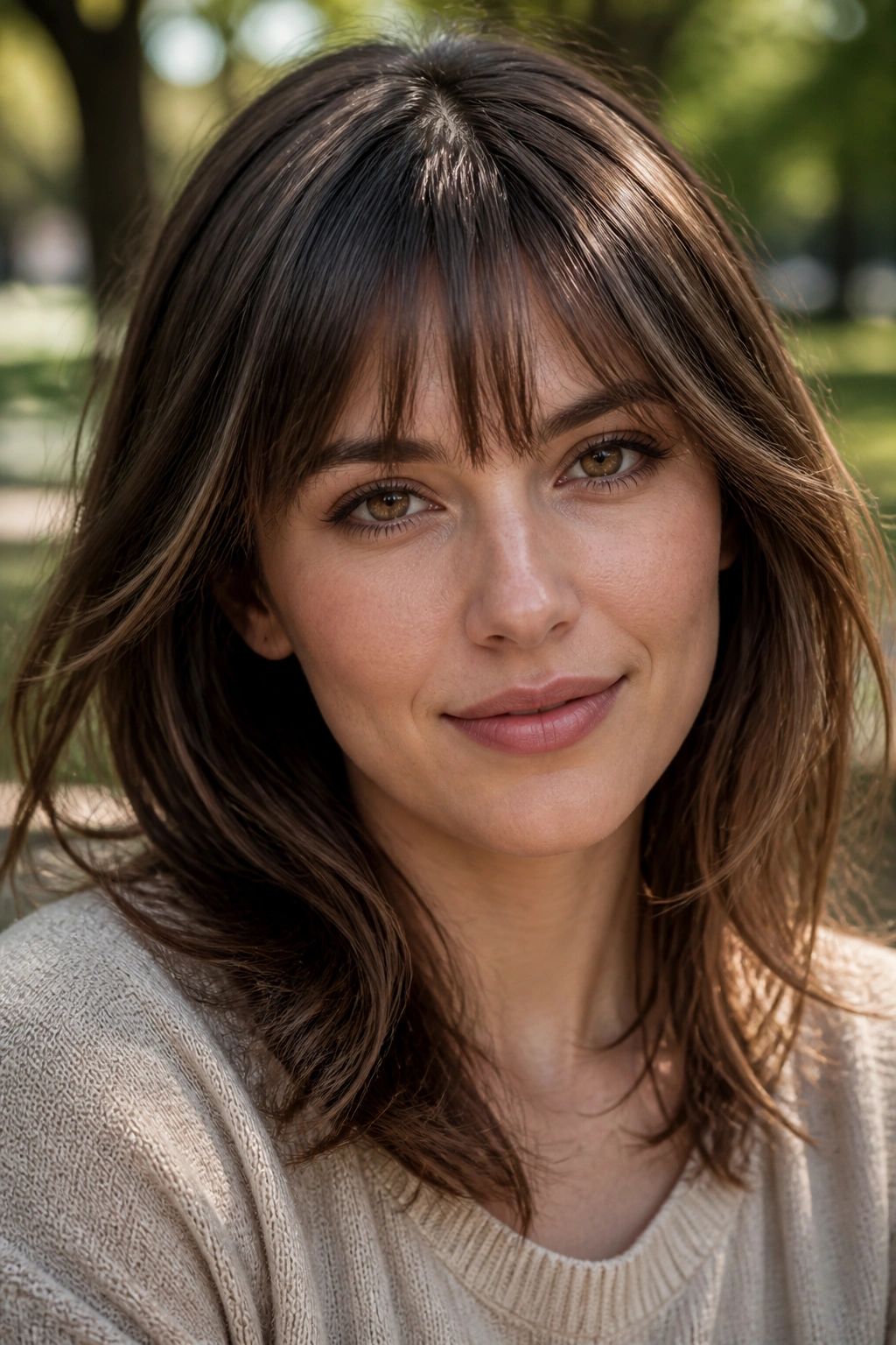 Portrait of a woman with brow-skimming feathered fringe